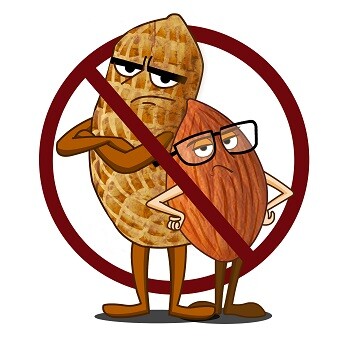 two animated peanuts with a circle that has a line through it in front of them